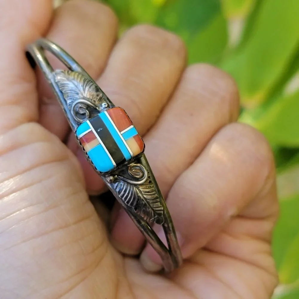 Native American 925 sterling silver square inlay squash blossom vintage bracelet - Picture 12 of 15